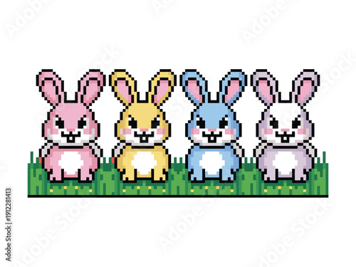 A colorful pixel art illustration of four cute bunnies standing in a row on green grass with flowers