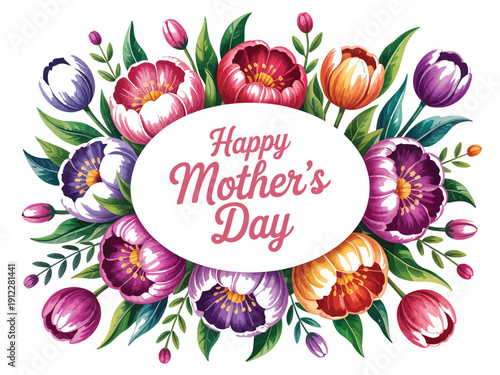 A colorful floral arrangement celebrating Happy Mother's Day with vibrant flowers and green leaves on a white background