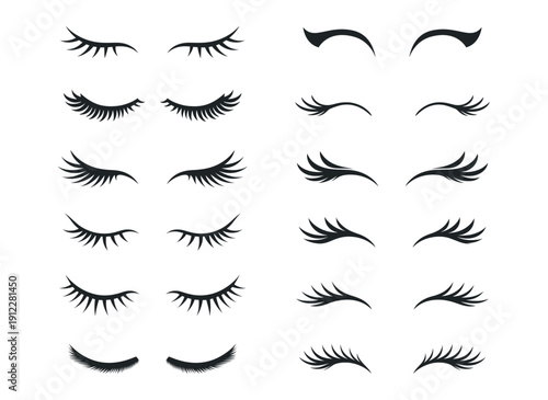 Eyelash icon set, closed eyes beauty and makeup vector collection, feminine cosmetic mascara symbols and silhouettes isolated on transparent background