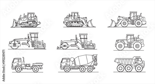 Construction Vehicle Icon Set – Heavy Machinery Line Vector for Engineering and Infrastructure Work