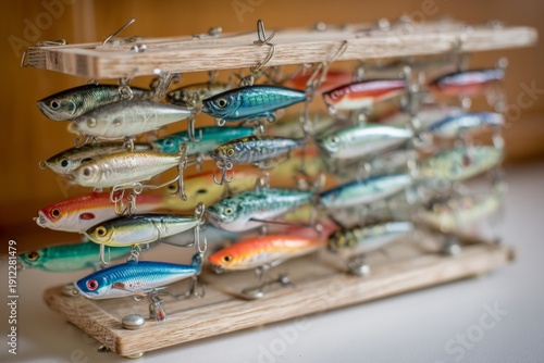 Collection of fishing lures displayed on a wooden rack in a workshop setting during daylight hours