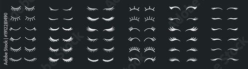 Closed eyelash vector set, beauty makeup eye lashes collection, feminine line and silhouette icons for cosmetic design isolated on black background
