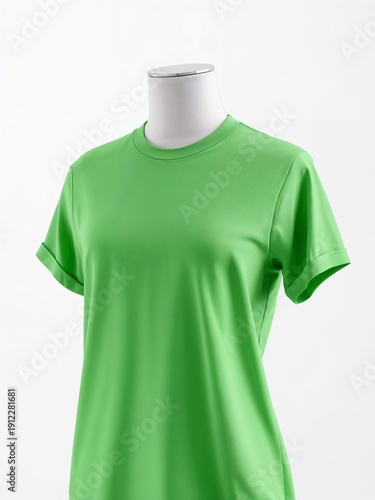 A bright green athletic t-shirt is displayed on a neutral white mannequin bust. The clean garment features a classic crew neck design and short sleeves suitable for sports or casual wear.