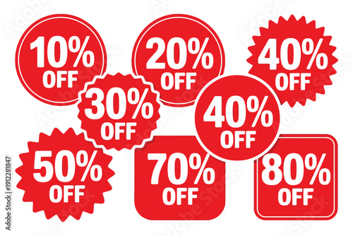 A collection of discount stickers with various percentage off offers