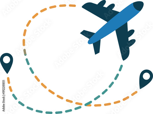 A blue airplane flying in a circular route with two destination points