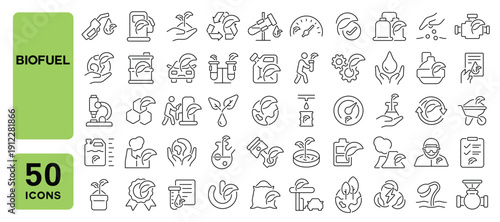 Set of 50 line icons related to biofuel, biomass, plant energy, ecology, green fuel, biogas, clean power, bioenergy, Editable stroke. Vector illustration