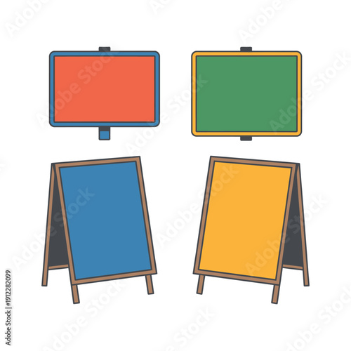 A colorful illustration of four blank signage boards displayed