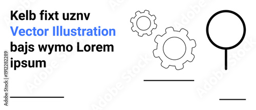Technology, analysis, process optimization, innovation, engineering, data investigation. Illustrated gear and magnifying glass with placeholder text. Technology and analysis concept