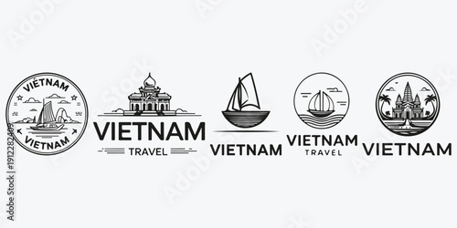 Vietnam travel logo sketch illustration vector set