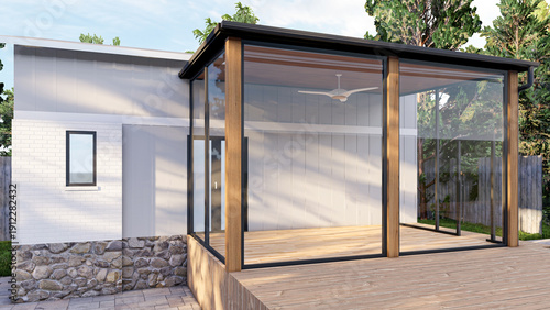 Canvas-taulu 3D render of a modern house extension featuring a glass-enclosed patio and woode