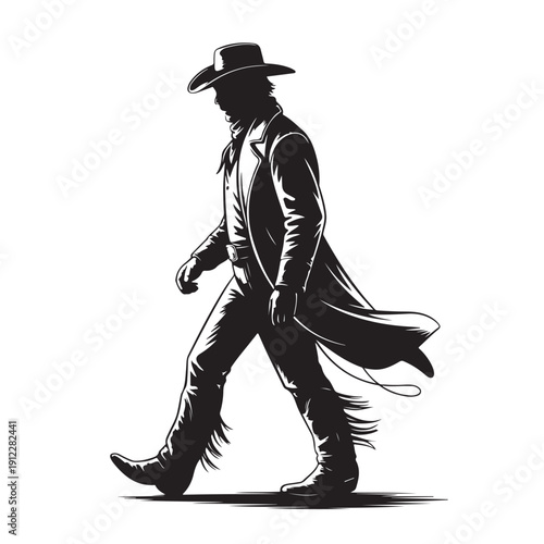 Silhouette cowboy walking vector illustration showing male figure in traditional western attire with hat and duster coat against transparent background perfect for rustic design and branding