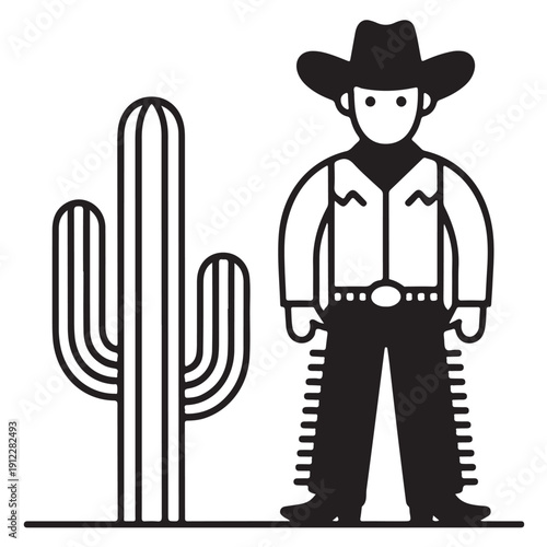 Cowboy standing near cactus vector icon showing simple line art character in western gear with desert plant isolated on transparent background for wild west icons and adventure game design
