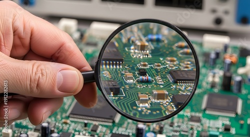 Close-up hand holding magnifying glass over green circuit board electronics inspection