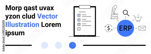 Digital checklist with completed tasks, ERP software icon, shop cart, factory, envelope, magnifier. Ideal for business management, industrial planning, task organization workflow optimization