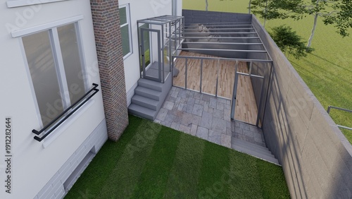 Tableau sur toile 3D render of a modern house exterior with glass sunroom addition and backyard la