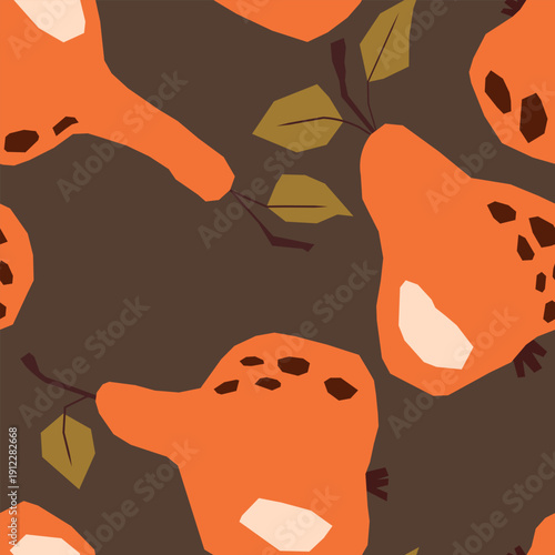 Seamless pattern with pear on color background. Natural delicious fresh ripe tasty fruit. Sweet pears with leaves. Food concept. Vector illustration for print, fabric, textile.