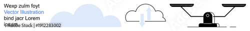 Cloud computing, scalability, justice, equality, data storage, digital services. Minimalist illustration of a cloud, rain and balanced scale. Cloud computing and justice concept