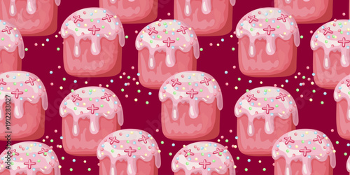 seamless easter pattern with pink glazed cakes and colorful sugar sprinkles on cherry red background for festive wrapping