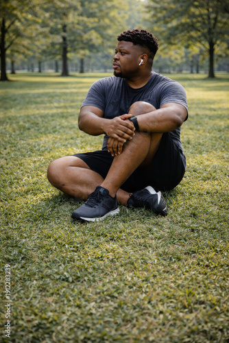 African American man sitting on grass resting after outdoor workout in park