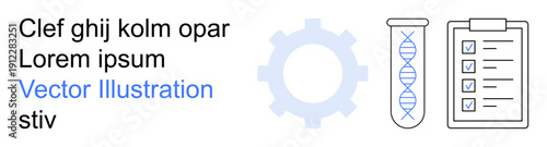 Science, research, laboratory, analysis, technology, data management. DNA helix in a test tube, a gear and a checklist with checkmarks. Science and research in laboratory environments