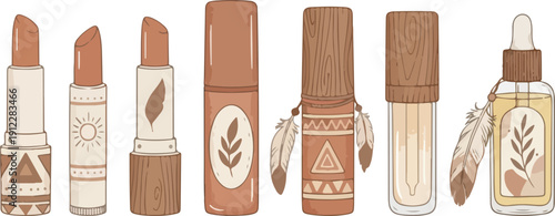 boho style lipsticks and beauty serum bottles vector set organic cosmetic products with ethnic ornaments and wood texture