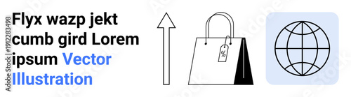 E-commerce, global business, online shopping, growth trends, retail, international trade. Shopping bag, upward arrow globe. E-commerce and global business conceptual