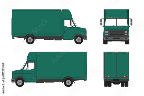 Green delivery box truck templates show side, front, and rear views isolated on white.
