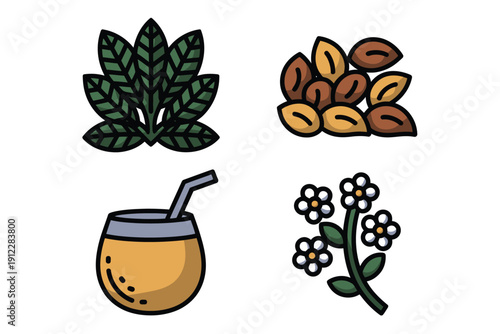 Yerba mate icons display green leaves, seeds, gourd cup, and small white flowers.