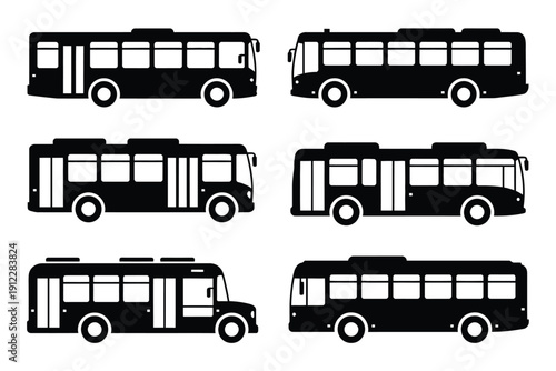Silhouettes of six different city transit buses are arranged on a white background.