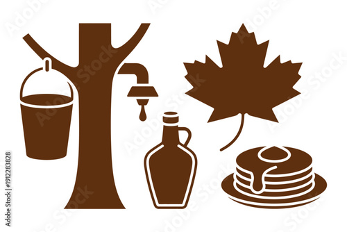 Maple syrup collection icons show tapping tree, bottle, leaf, and pancakes.