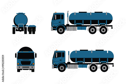 Blue tanker truck design shown from front, rear, and side elevations clearly.