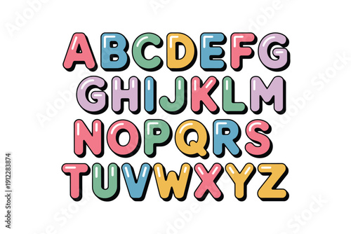 Colorful bubbly alphabet letters spelling the complete English language set.