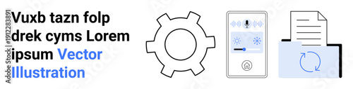 Gear icon, smart control panel with temperature settings, and document synchronization graphics. Ideal for technology, automation, app design, user interface, workflow, process simple landing page