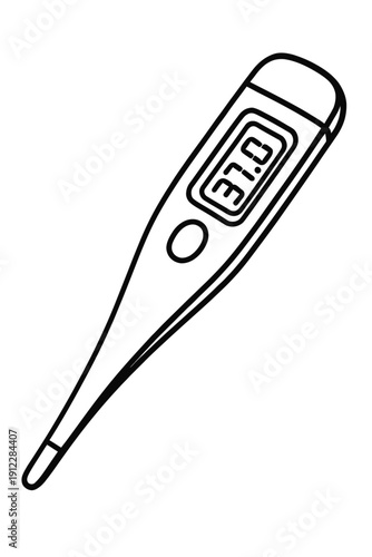 Digital Thermometer Vector Icon - Modern Medical Equipment Illustration for Healthcare, Fever Tracking, and Wellness. Black and White Line Art Symbol of a Clinical Thermometer.