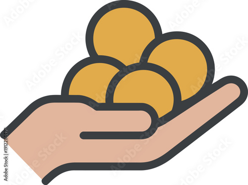Hand icon holds several generic gold coins representing wealth.