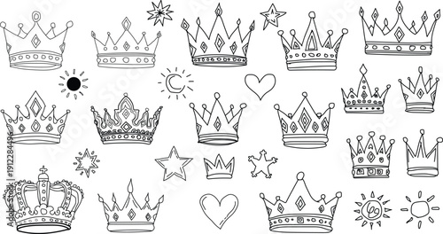 Hand drawn crown collection set, doodle royal tiara and king queen crowns, sketch outline icons with stars and hearts isolated on white background