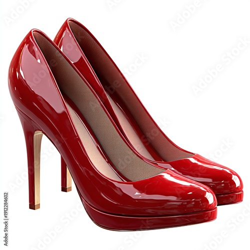 Elegant red high heel shoes with stiletto heels and glossy patent finish on white background for fashion and luxury

