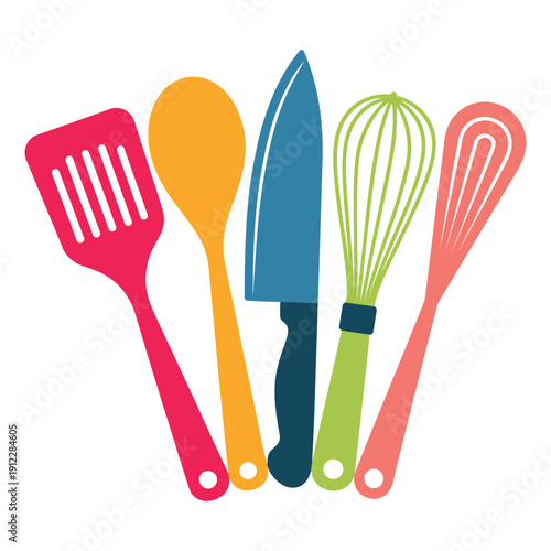 Assorted bright cooking utensils include a spatula, spoon, knife,.