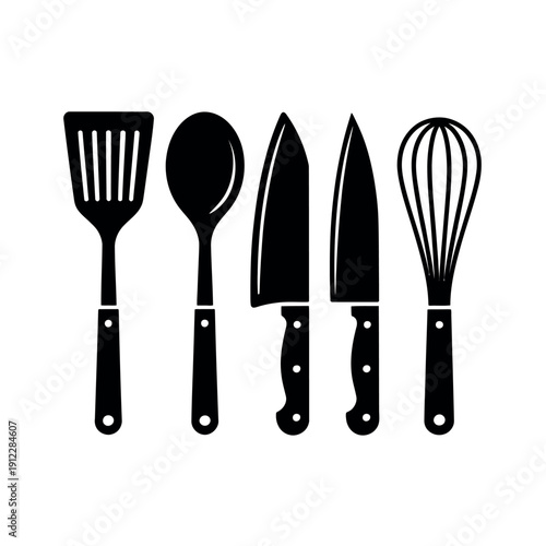 Black silhouette icons display essential kitchen utensils for cooking.