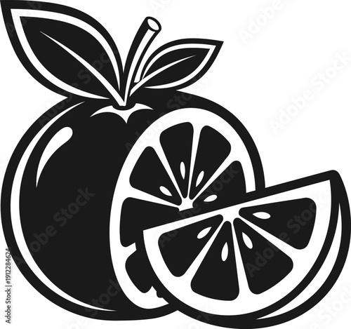 Black and white illustration of a whole orange with a sliced wedge