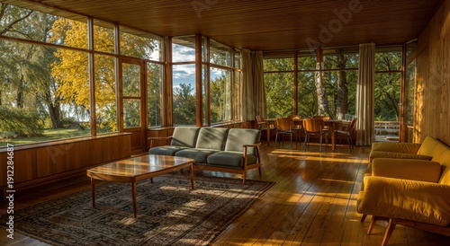 Scandinavian style living room with panoramic forest views warm wood accents and sunlit midcentury modern furniture interior