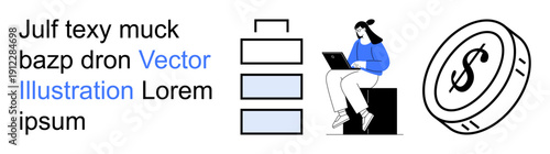 Productivity, remote work, financial planning, business workflow, digital tools, analytics. A person using a laptop, a coin and chart icons. Productivity and remote work concept