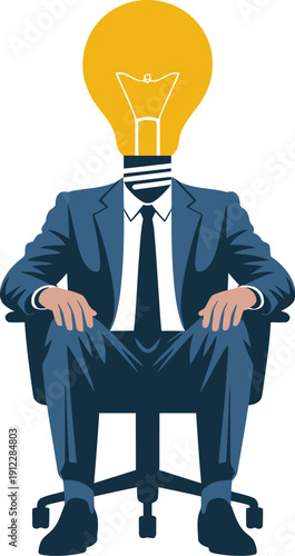 A businessman with a lightbulb for a head sitting in an office chair