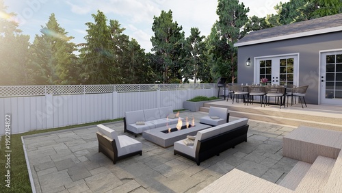 Foto Modern Luxury Backyard Patio Design with Outdoor Fire Pit, Lounge Seating, and D