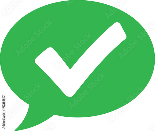 A green speech bubble with a white checkmark for confirmation and approval