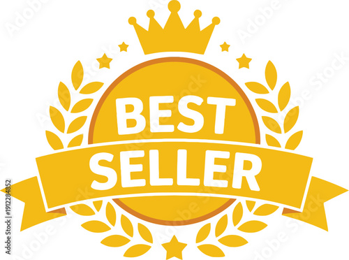 A best seller badge with a crown and laurel leaves on white background