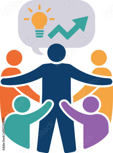 A diverse group of people collaborating and sharing a bright idea