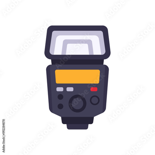 camera flash, photography equipment, white diffuser, orange screen, colorful vector flat style illustration