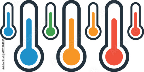 A colorful illustration of thermometers in different temperatures and colors