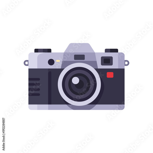 camera, photography equipment, black body, purple details, colorful vector flat style illustration